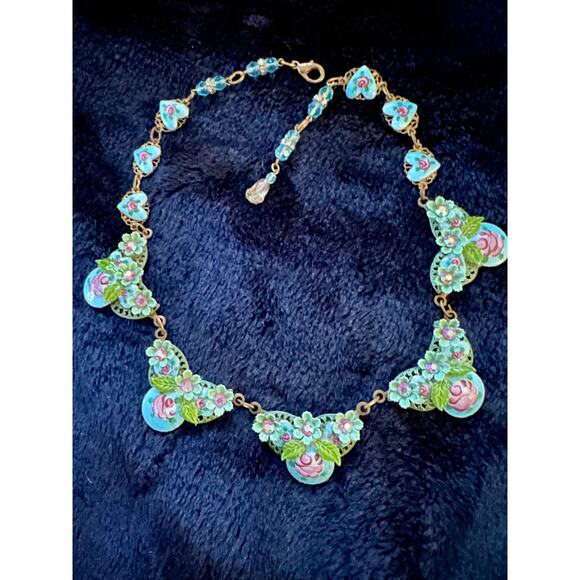 VINTAGE NEW MICHAL NEGRIN ENAMEL HEARTS SWAROVSKI CRYSTAL STATEMENT NECKLACE - Picture 3 of 8